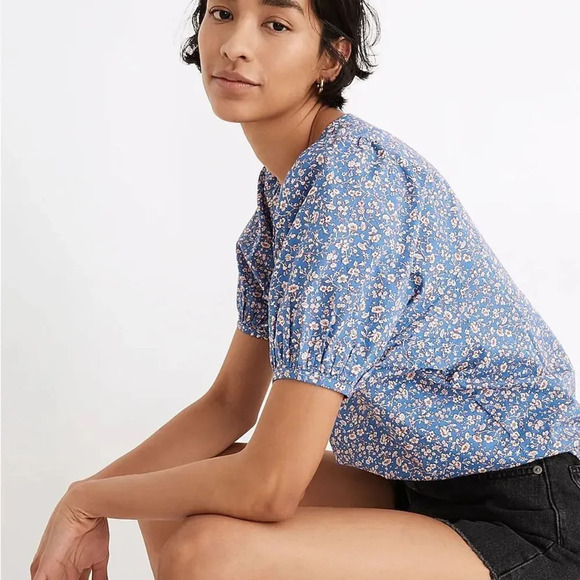 MADEWELL NWOT V-Neck Puff Sleeve Top in Summer Vines Hermitage Blue - Picture 2 of 10